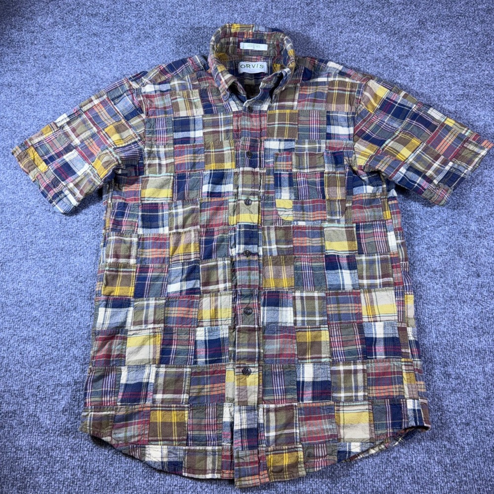 Orvis Mens Patchwork Madras Plaid Short Sleeve Button Down Shirt Rare Medium